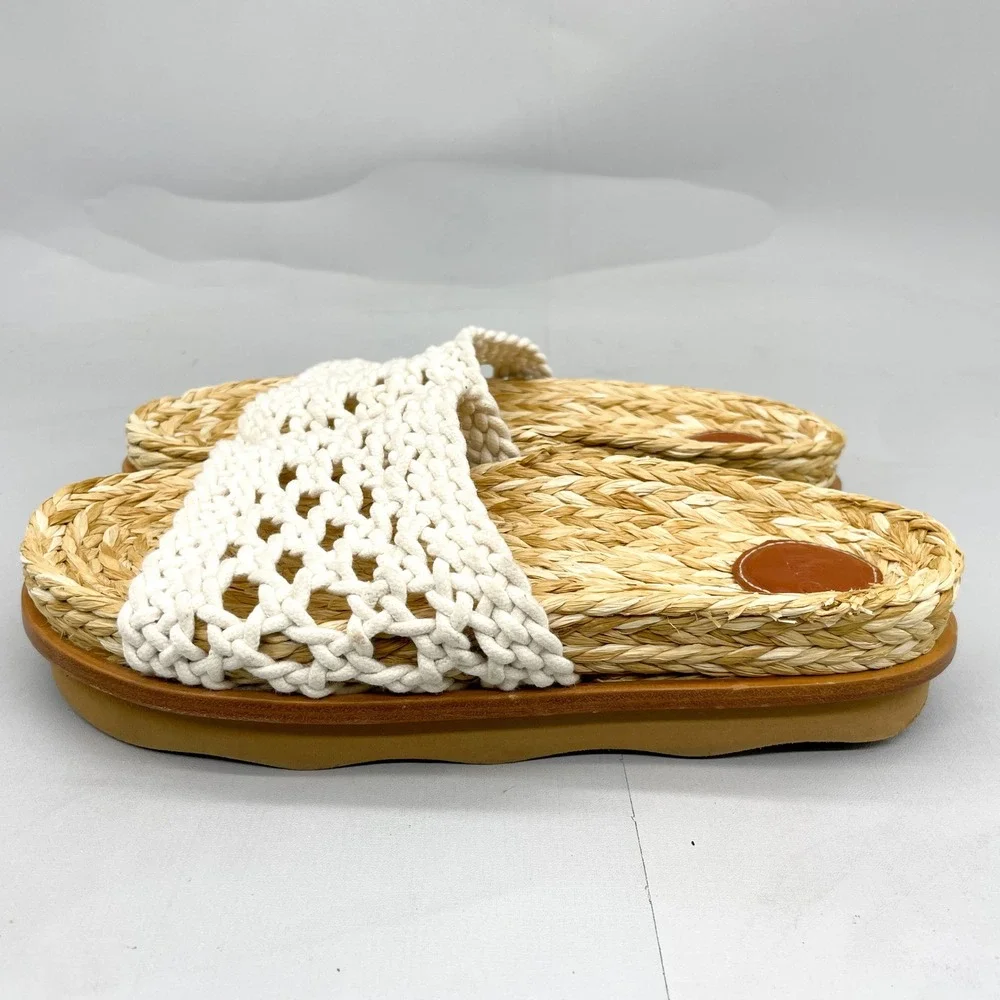 Chloe Wavy Crochet Slides Womens 38 7.5 Woven Raffia Sandals White Boho Coastal - Picture 5 of 11